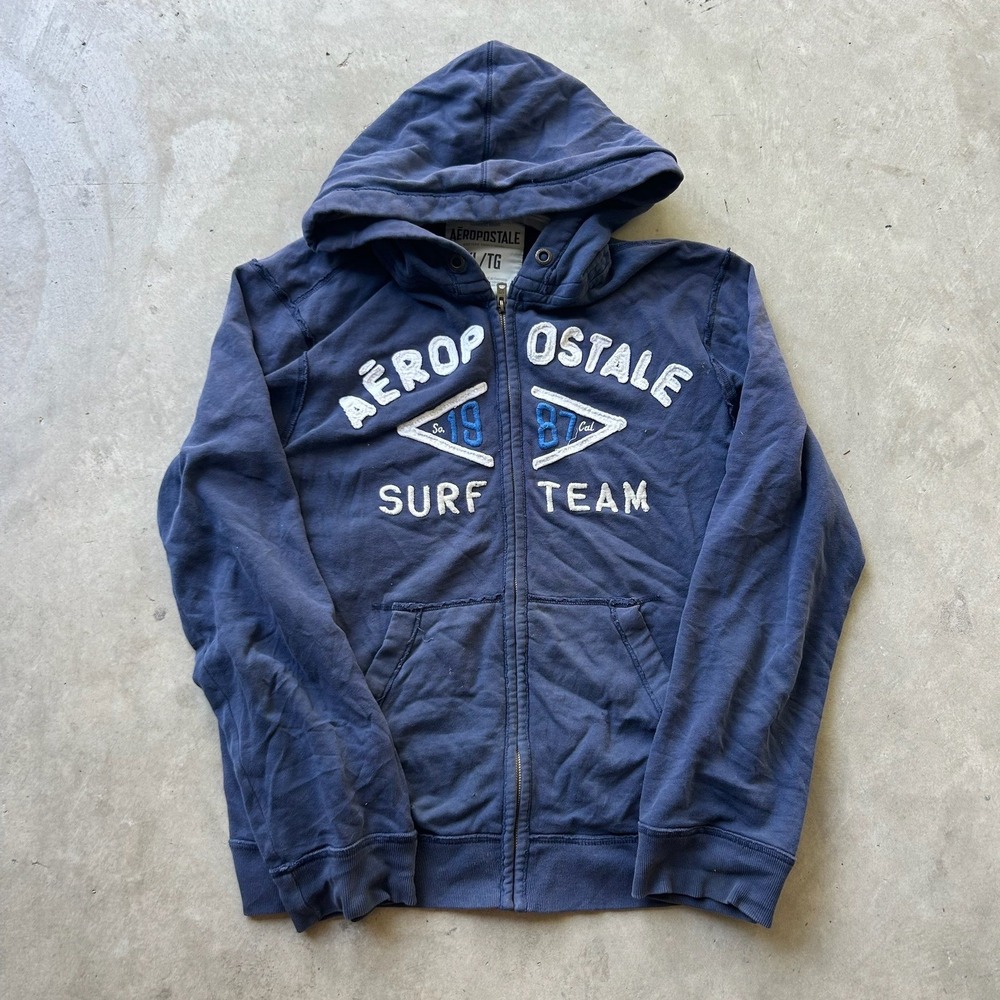 Aeropostale Mens XL Navy Blue Surf Team Full Zip Hoodie Distressed 1987 Logo